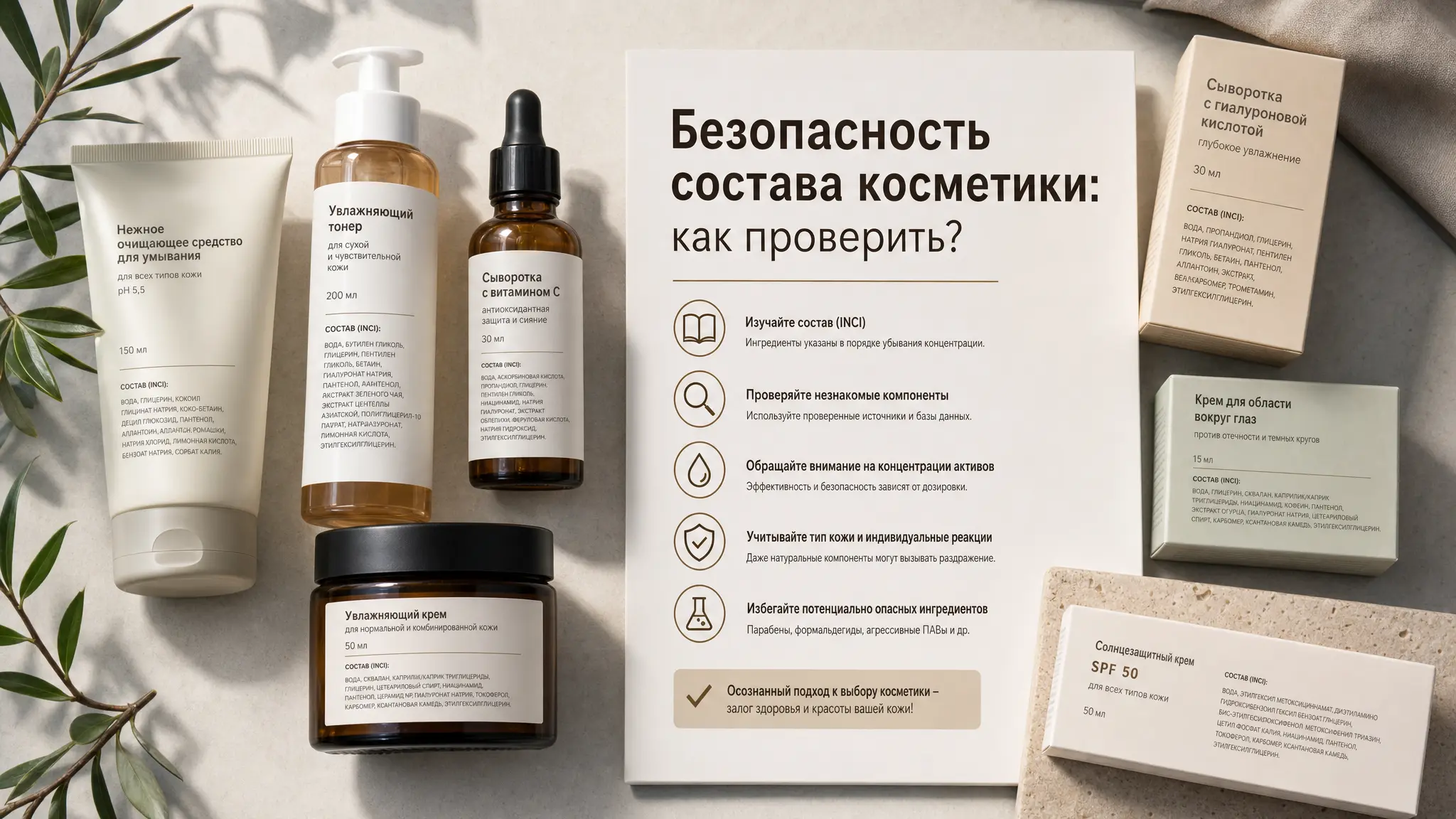 Женщина внимательно изучает этикетку косметического средства, проверяя состав