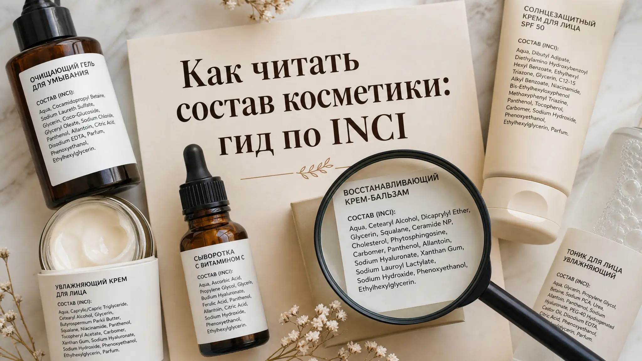 Женщина внимательно изучает этикетку косметического средства, разбираясь в списке ингредиентов INCI
