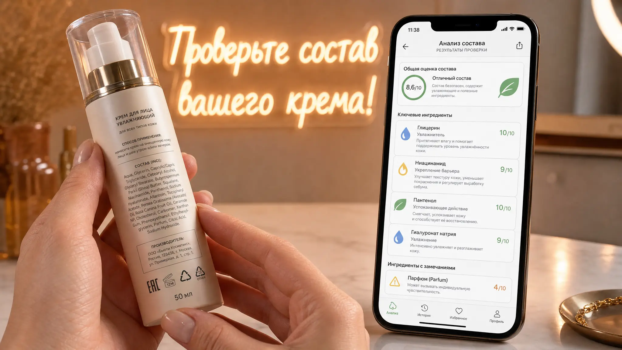 Женщина внимательно изучает этикетку крема, сравнивая ее с информацией на смартфоне, чтобы проверить состав