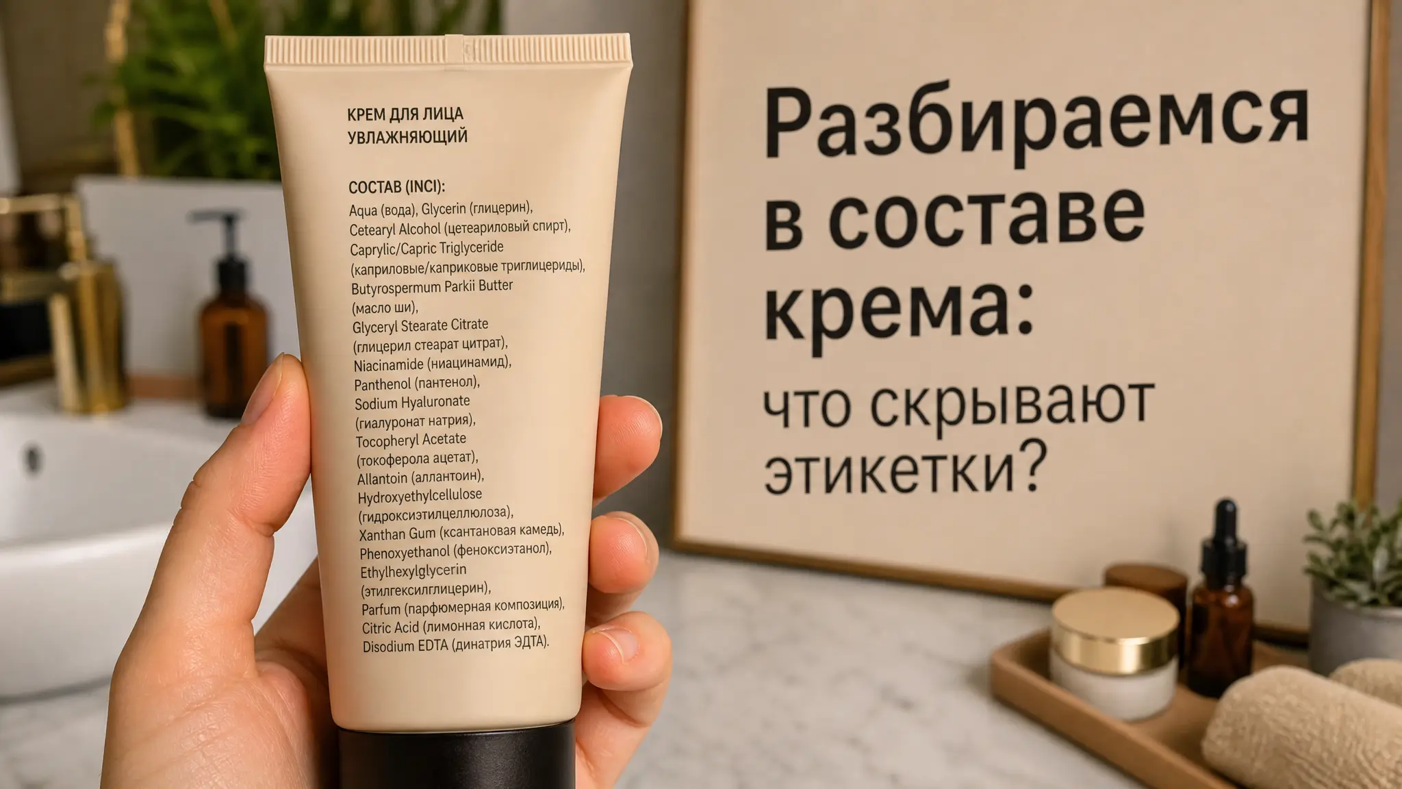 Женщина внимательно изучает состав крема на упаковке, пытаясь разобраться в ингредиентах