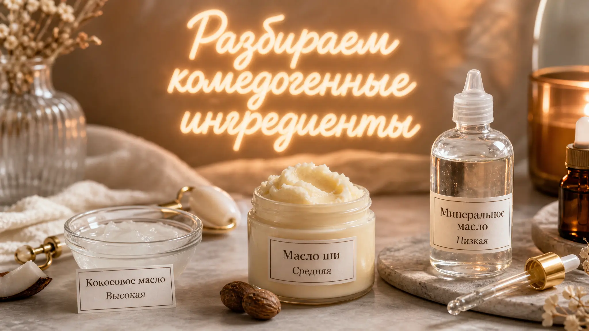 Иллюстрация, показывающая, как разбирать состав косметики на предмет комедогенных ингредиентов, с акцентом на их влияние на кожу