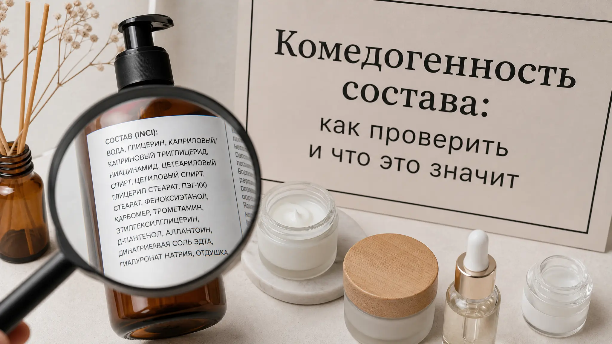 Женщина внимательно изучает этикетку косметического средства, проверяя состав на наличие комедогенных компонентов для здоровья кожи