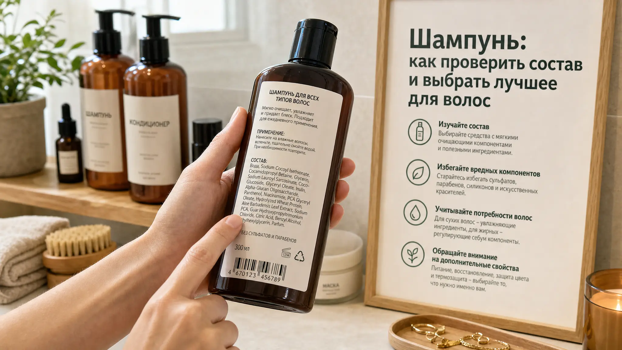Женщина выбирает шампунь в магазине, внимательно изучая этикетку, чтобы проверить состав и подобрать лучший вариант для своих волос