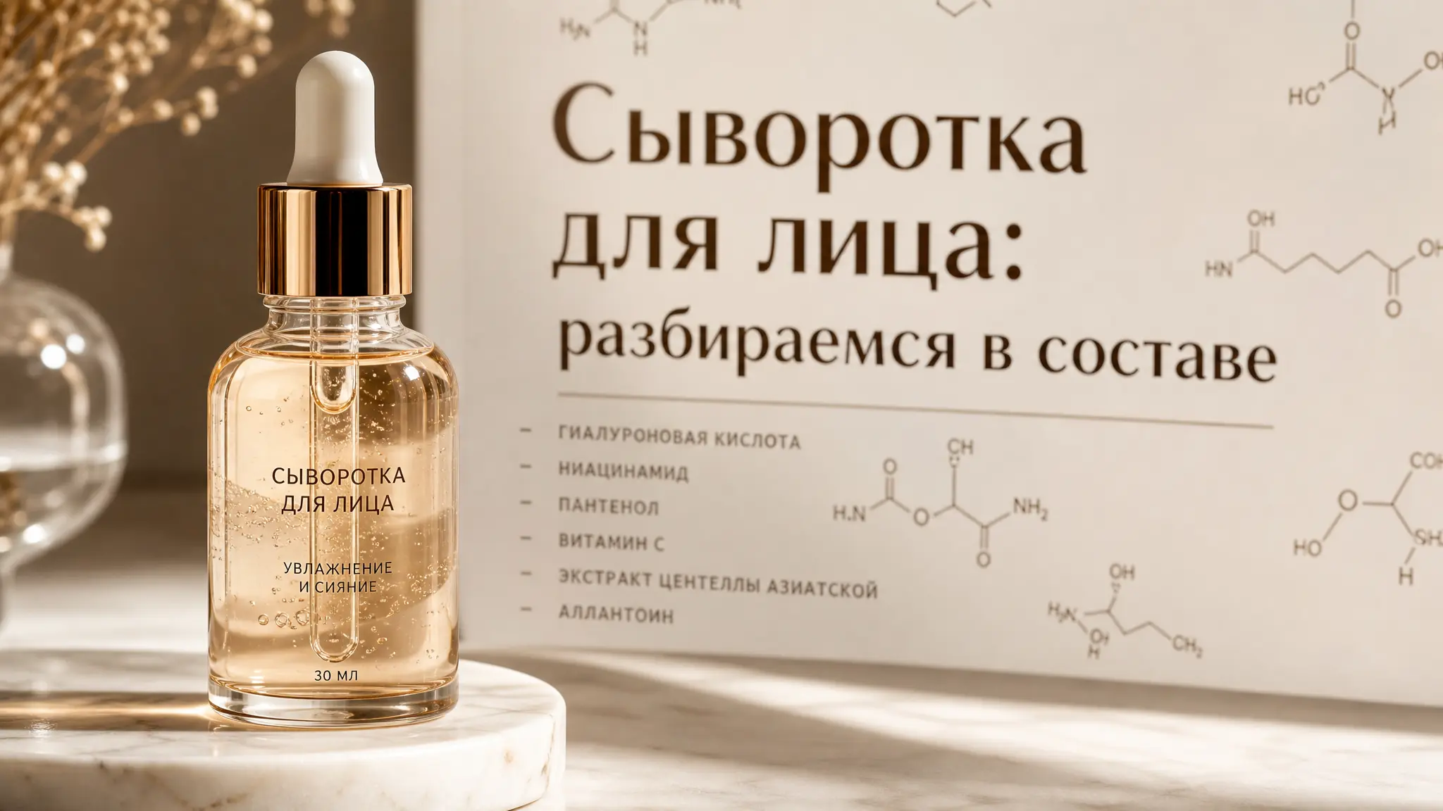 Женщина наносит сыворотку для лица, внимательно изучая состав на упаковке