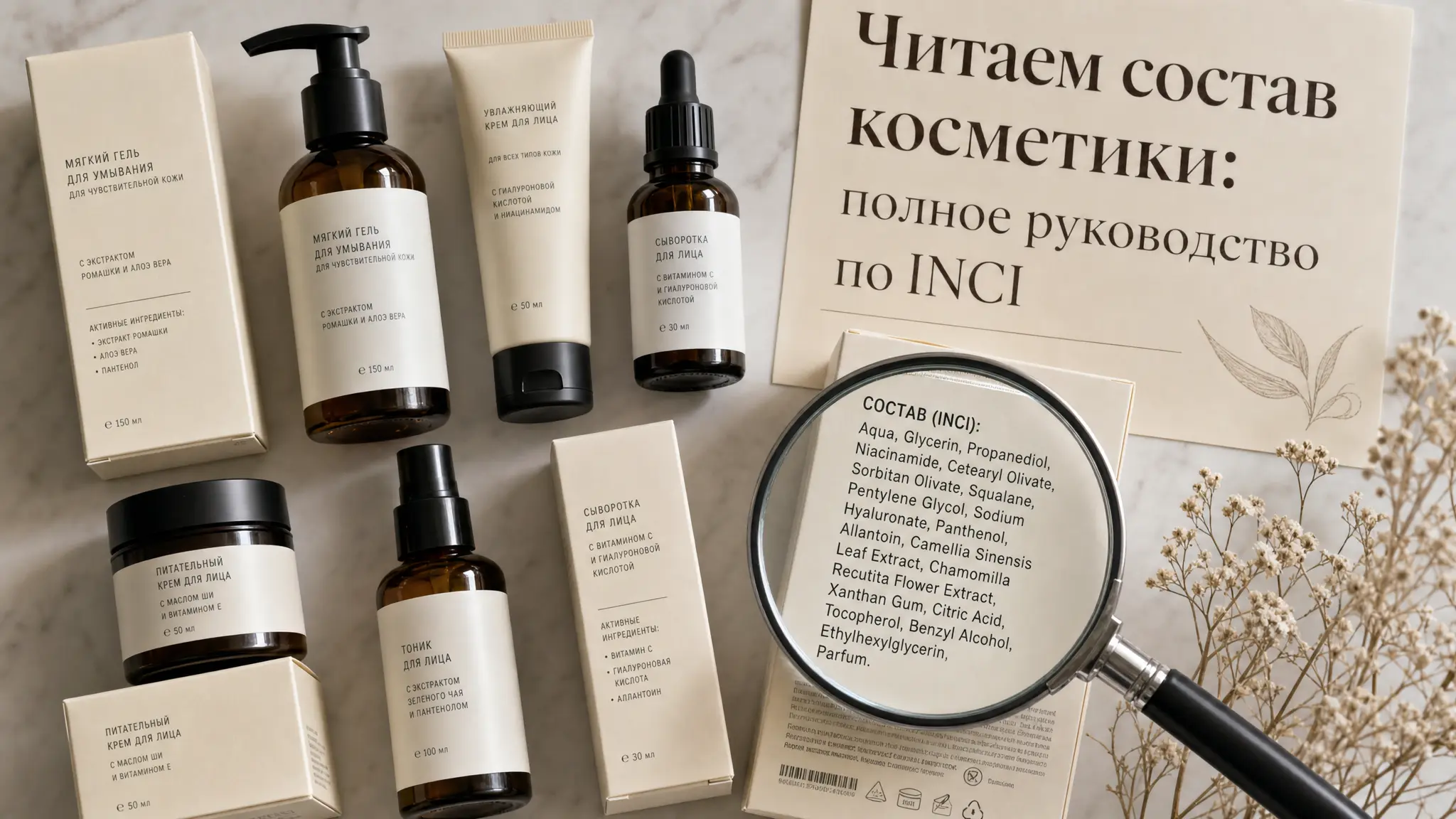 Женщина внимательно изучает этикетку косметического средства, расшифровывая состав INCI для понимания ингредиентов