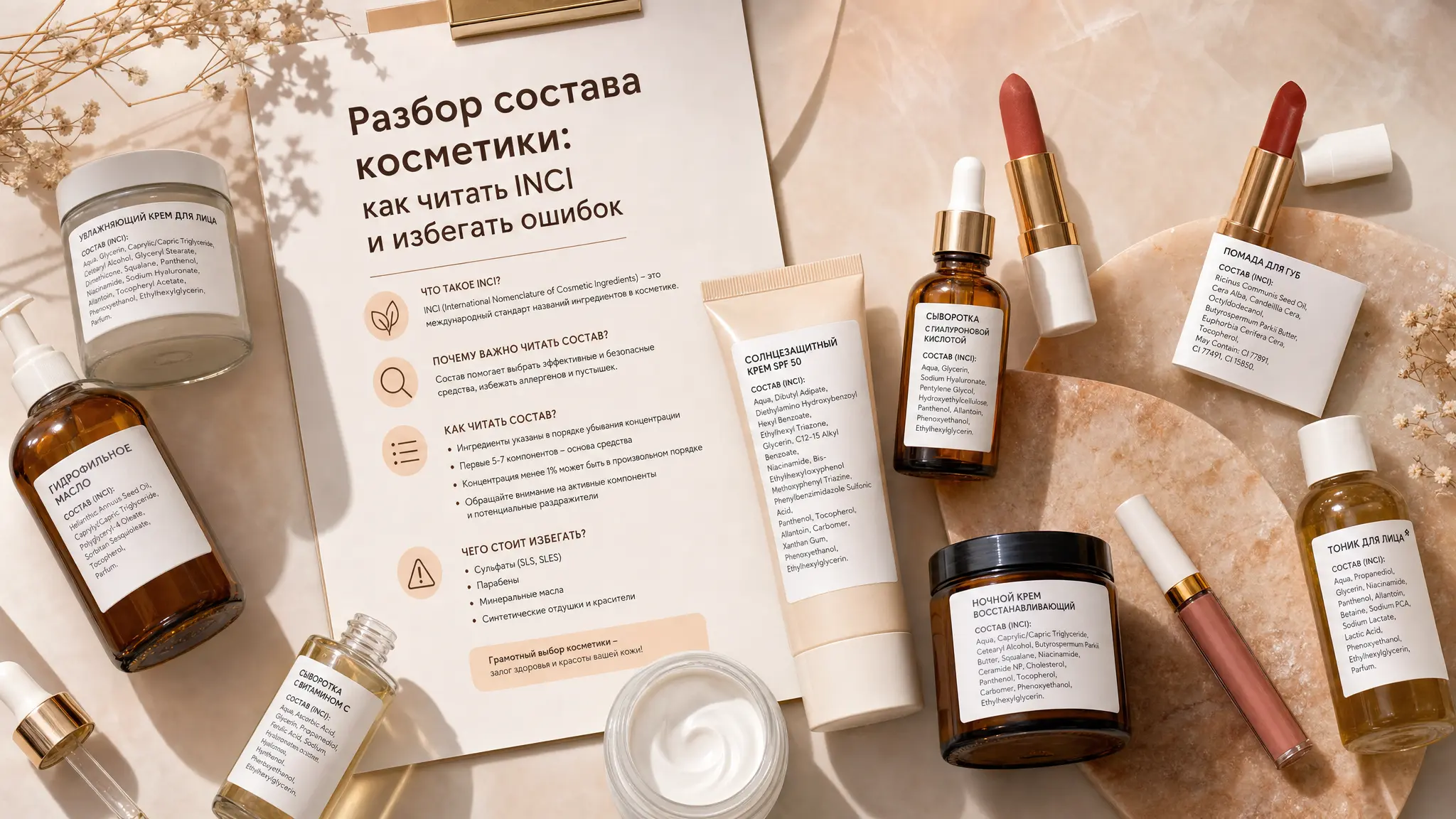 Женщина внимательно изучает этикетку косметического средства, разбирая состав по списку INCI, чтобы избежать вредных компонентов