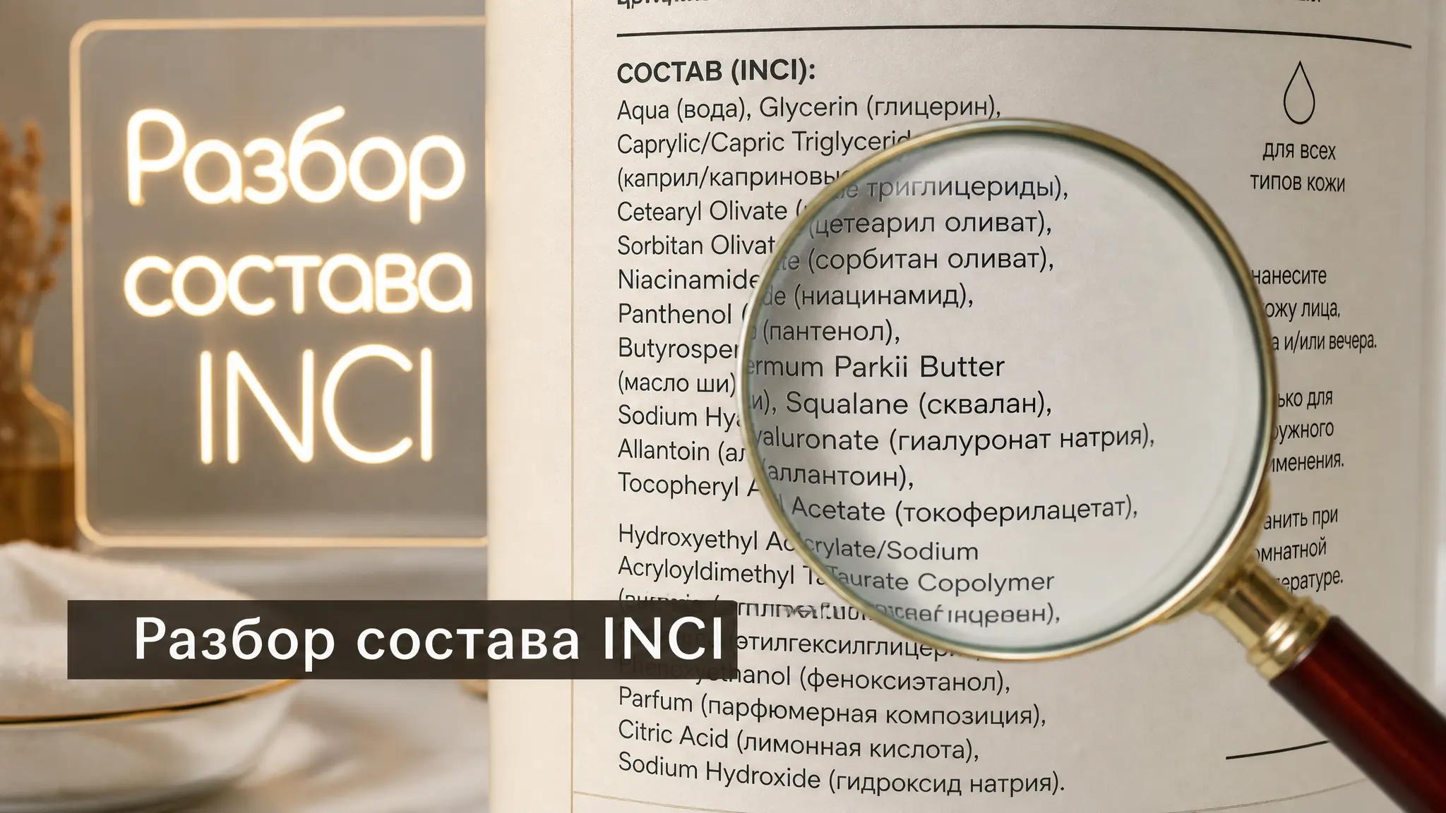 Женщина держит смартфон с открытым приложением для анализа состава косметики, на экране видна этикетка продукта