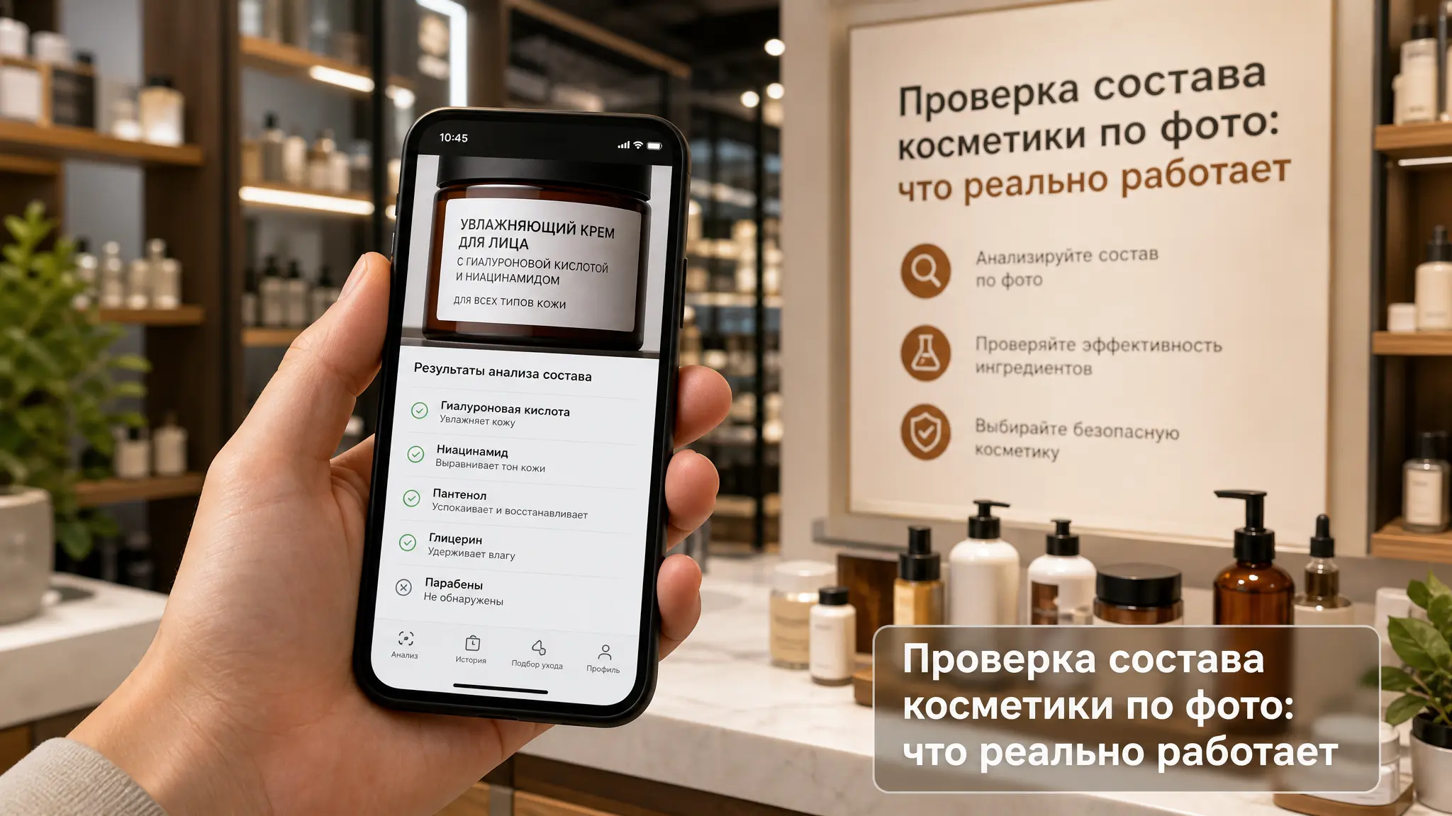 Женщина держит смартфон с открытым приложением для анализа состава косметики, наводя его на баночку крема