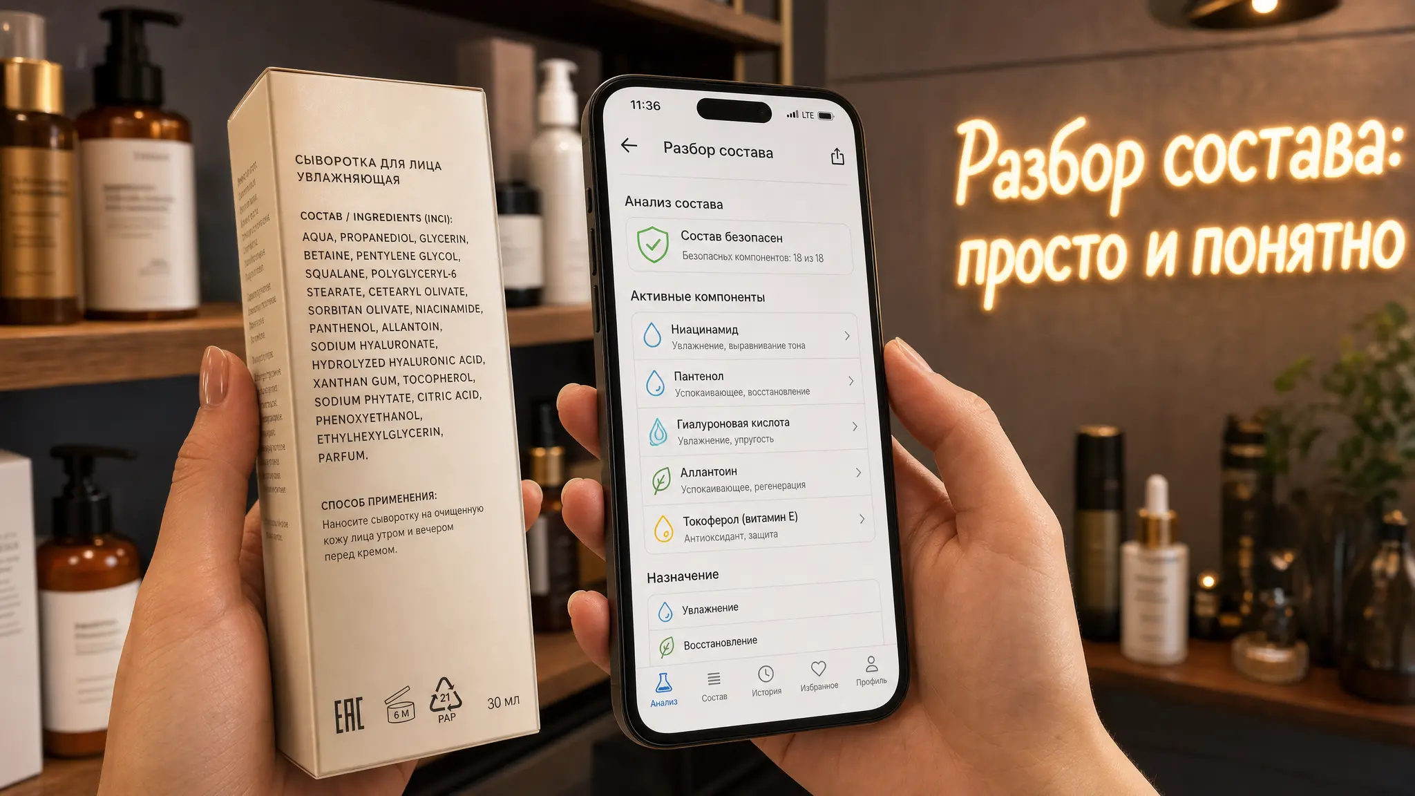 Женщина использует смартфон для анализа состава косметического средства, получая понятную информацию о компонентах