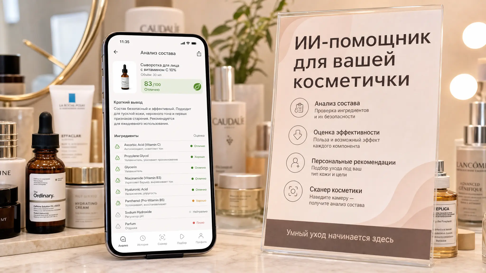 Женщина использует смартфон с приложением для анализа состава косметики, держа в руке флакон крема