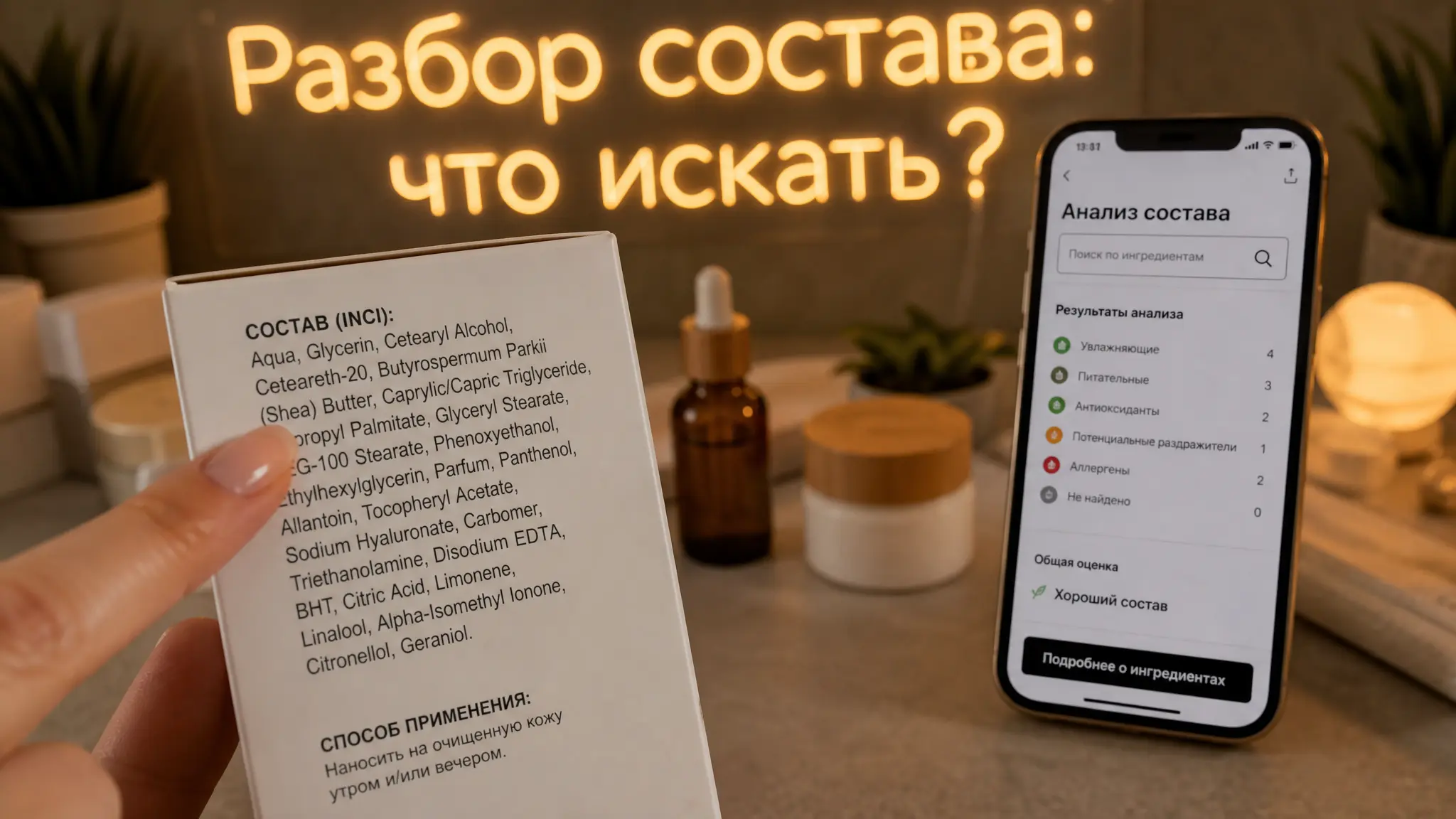 Схематичное изображение молекул и символов, обозначающих химические компоненты косметики, с акцентом на расшифровку маркировки INCI