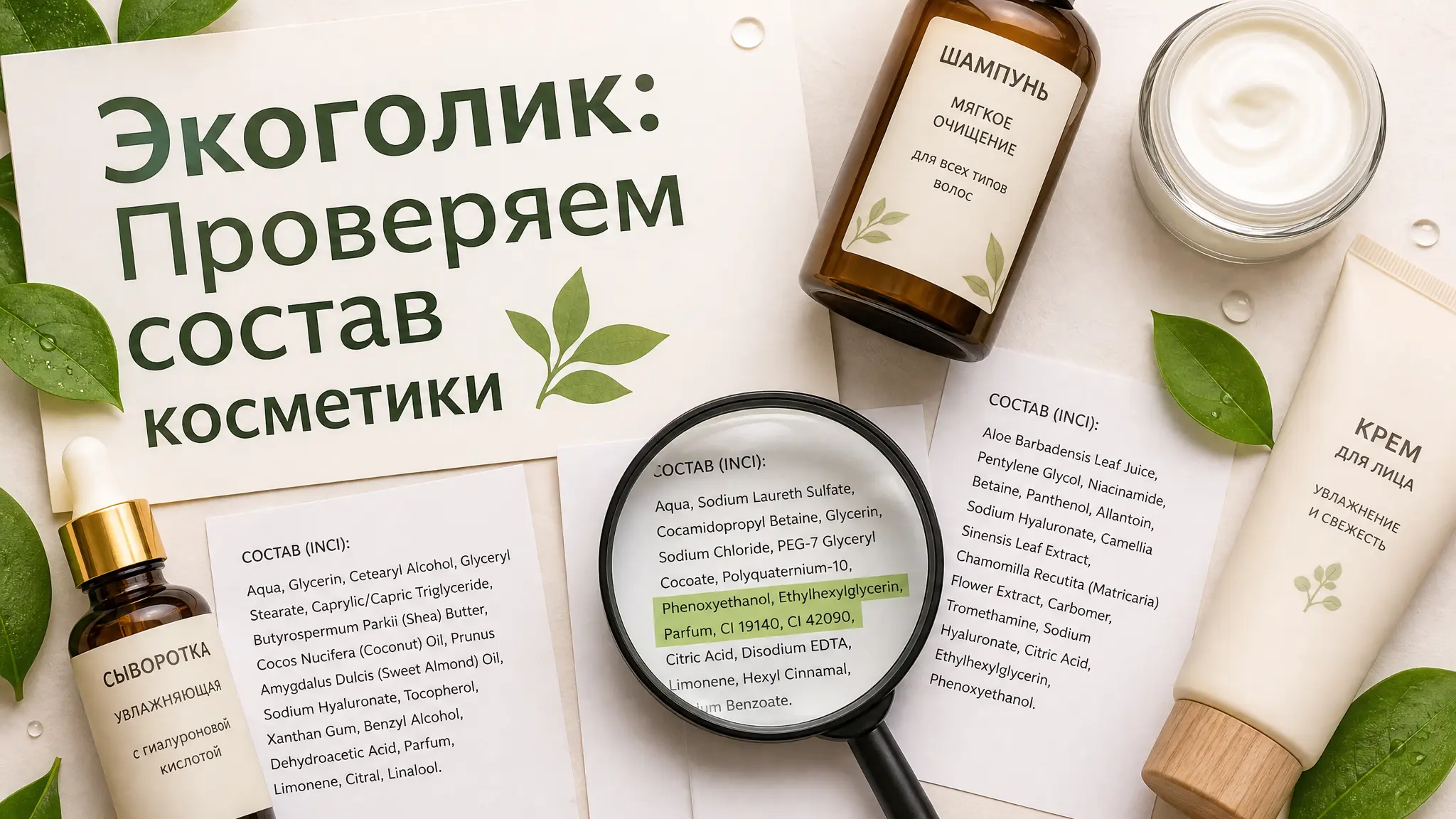 Женщина внимательно изучает этикетку косметического средства, используя приложение на смартфоне для проверки состава