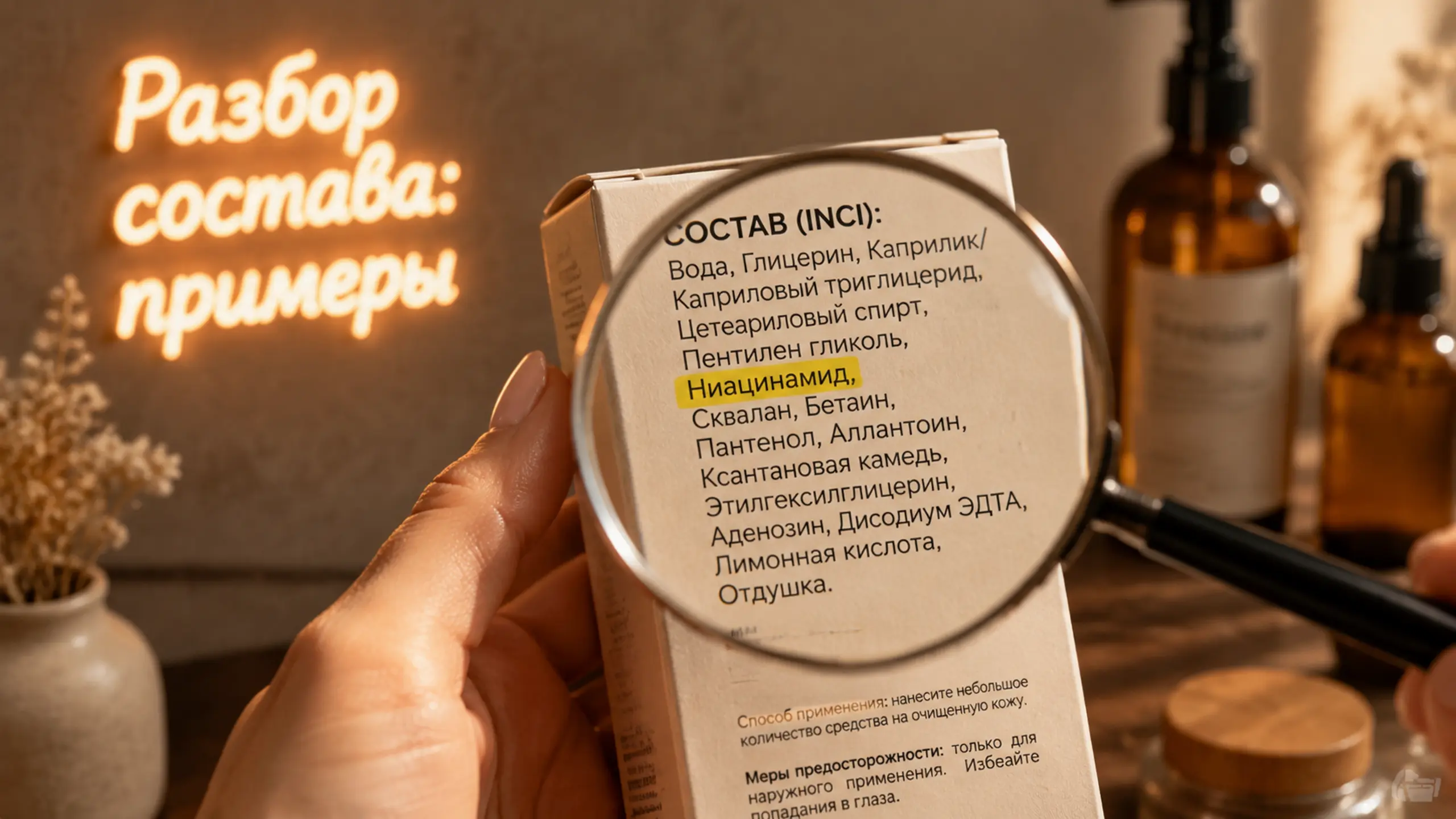 Пример разбора состава косметического средства по международной системе INCI, показывающий, как читать этикетки и понимать ингредиенты для осознанного выбора