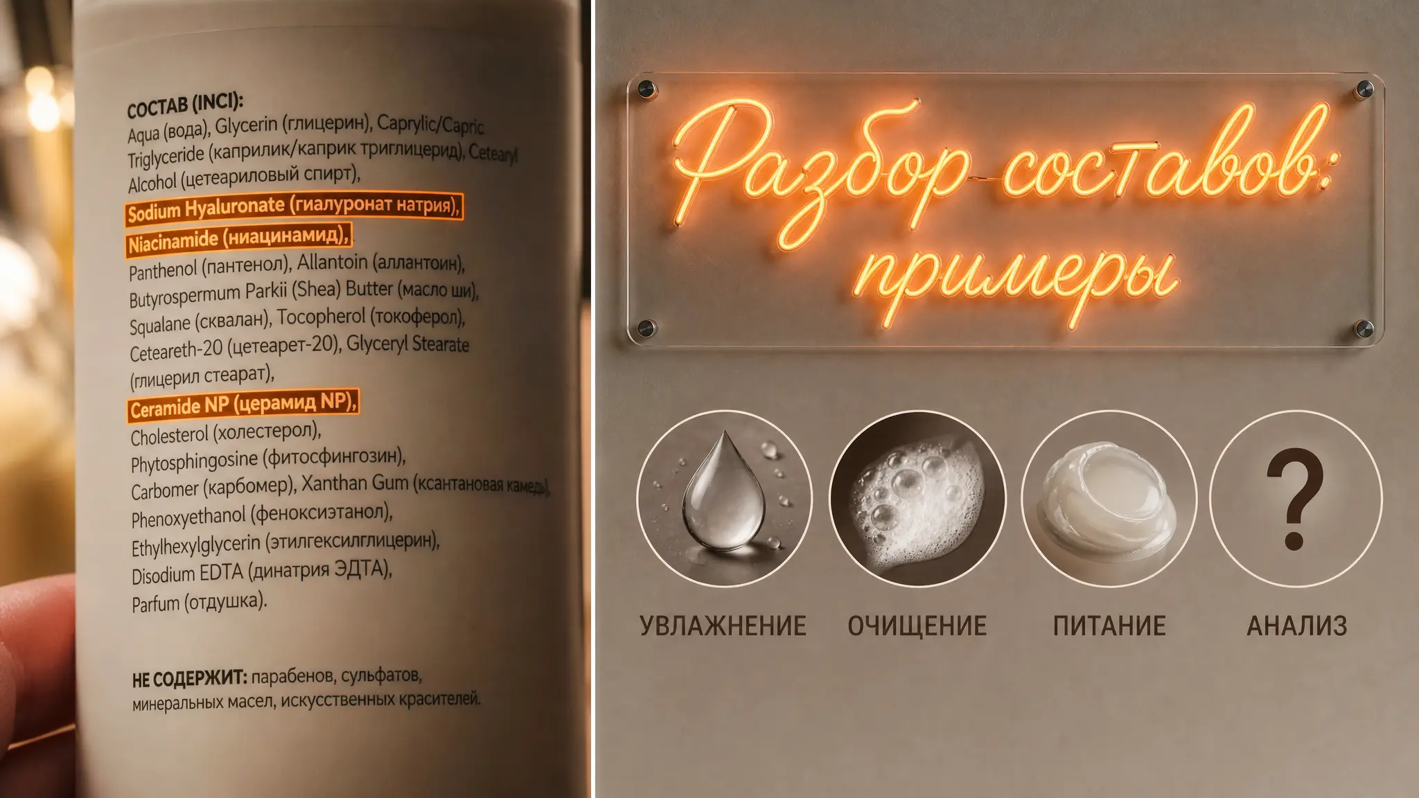 Пример разбора состава косметического средства, где выделены ключевые ингредиенты и их функции для понимания продукта