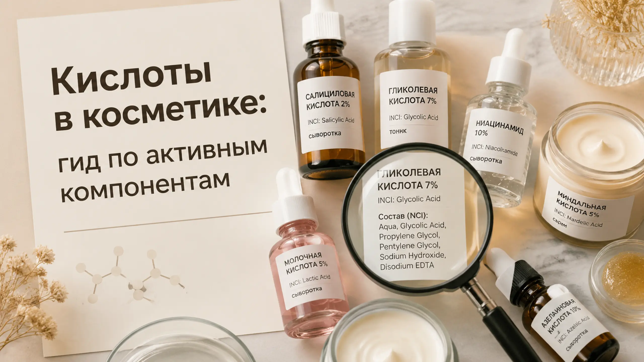 Женщина наносит сыворотку с кислотами на лицо, демонстрируя сияющую кожу. Фокус на флаконе с продуктом