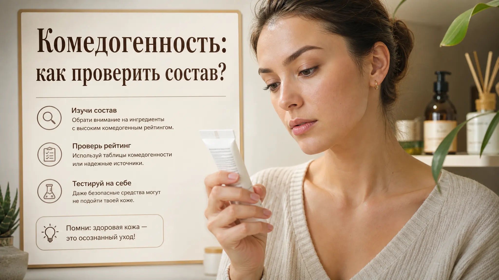 Женщина внимательно изучает состав косметического средства, проверяя его на комедогенность