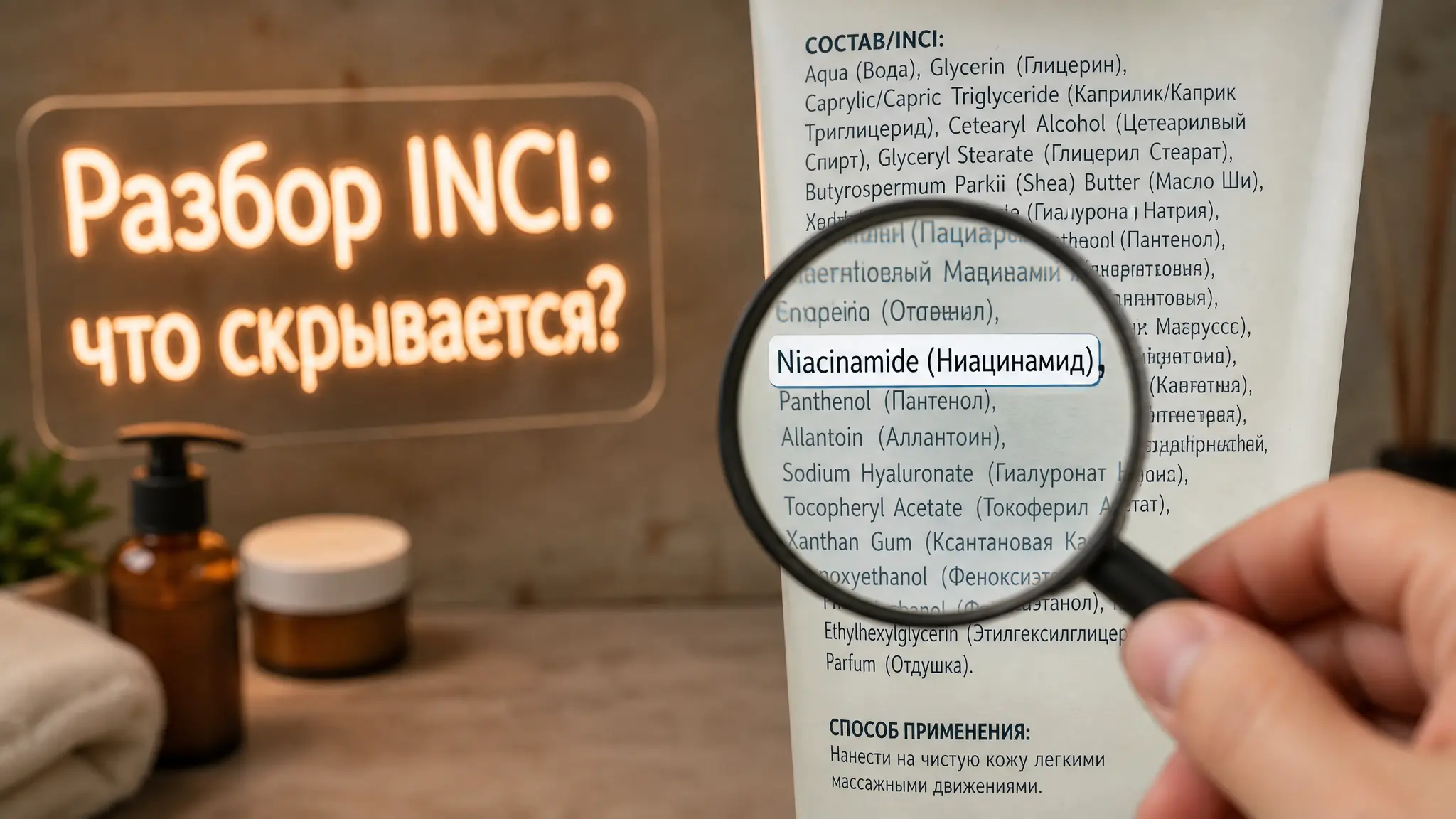 Женщина держит тюбик крема и смотрит на этикетку, изучая состав продукта