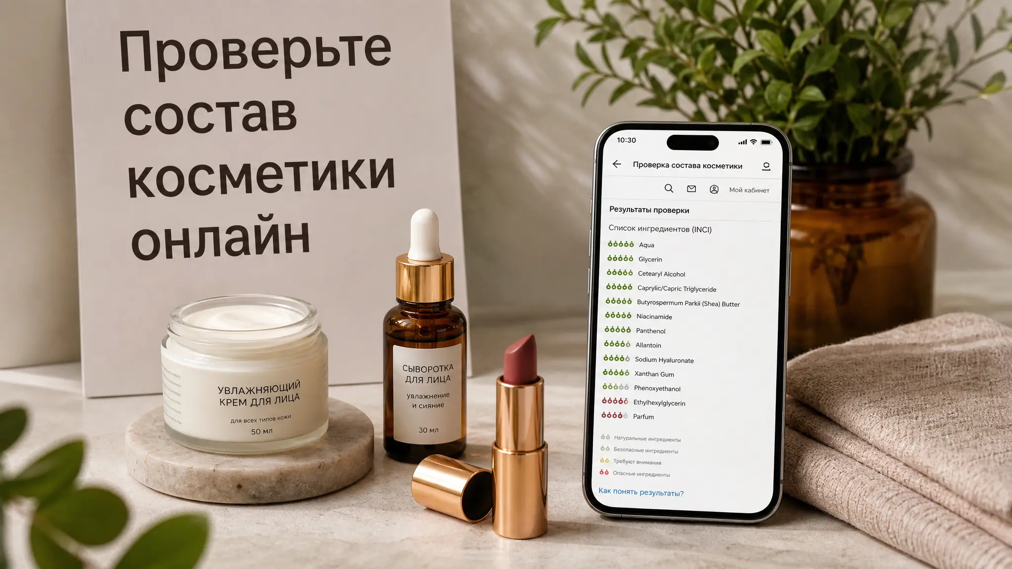 Женщина держит флакон с косметикой и смартфон, на экране которого отображается информация о составе продукта