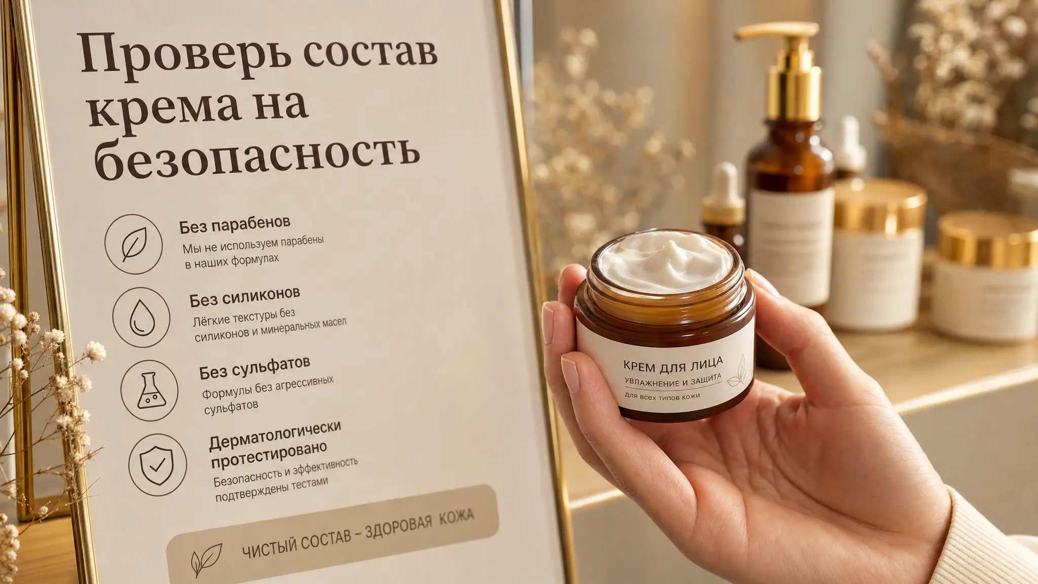 Женщина внимательно изучает этикетку крема, проверяя состав на безопасность и читая информацию о компонентах