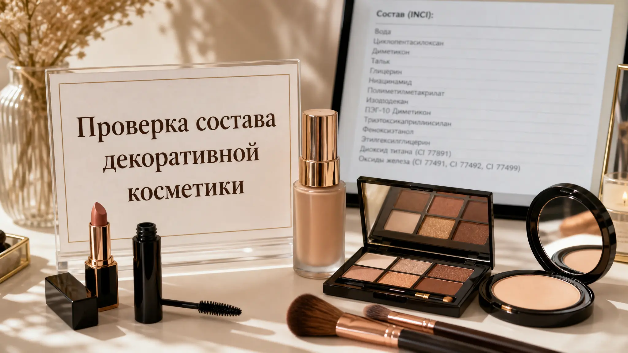 Женщина внимательно изучает этикетку флакона с косметическим средством, проверяя состав