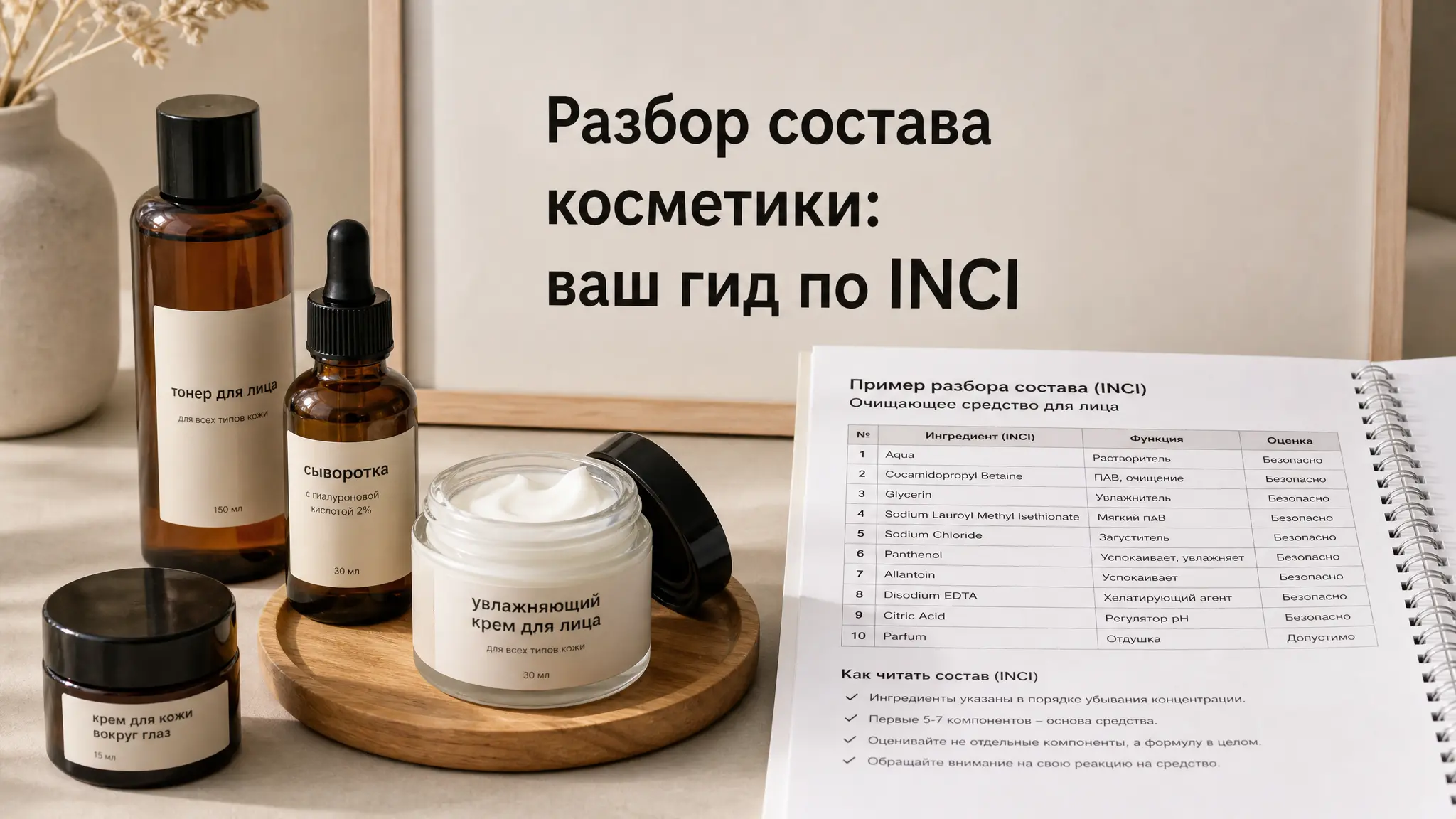 Женщина внимательно изучает этикетку с составом косметического средства, держа его в руках