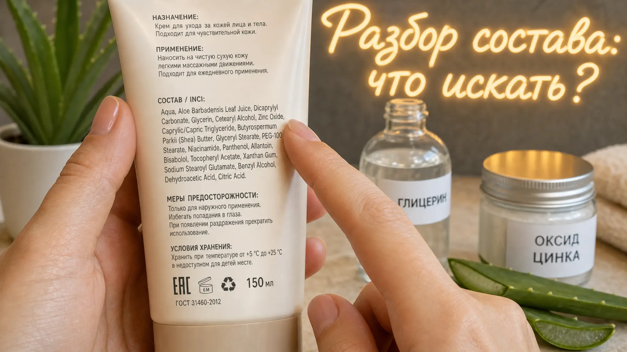 Женщина внимательно изучает этикетку косметического средства, проверяя состав на наличие потенциально вредных компонентов