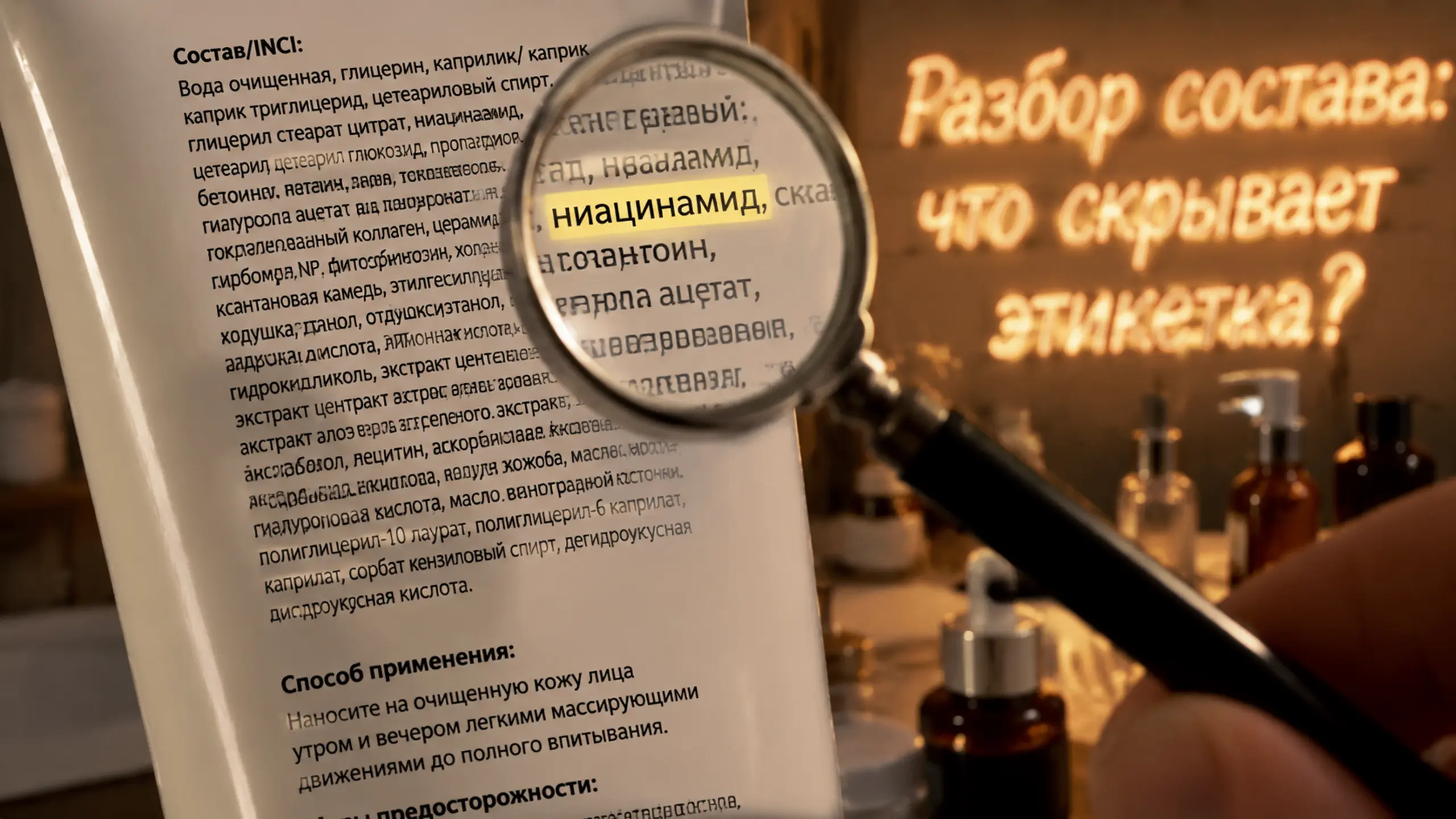 Женщина держит смартфон с открытым приложением для анализа состава косметики, на экране виден список ингредиентов