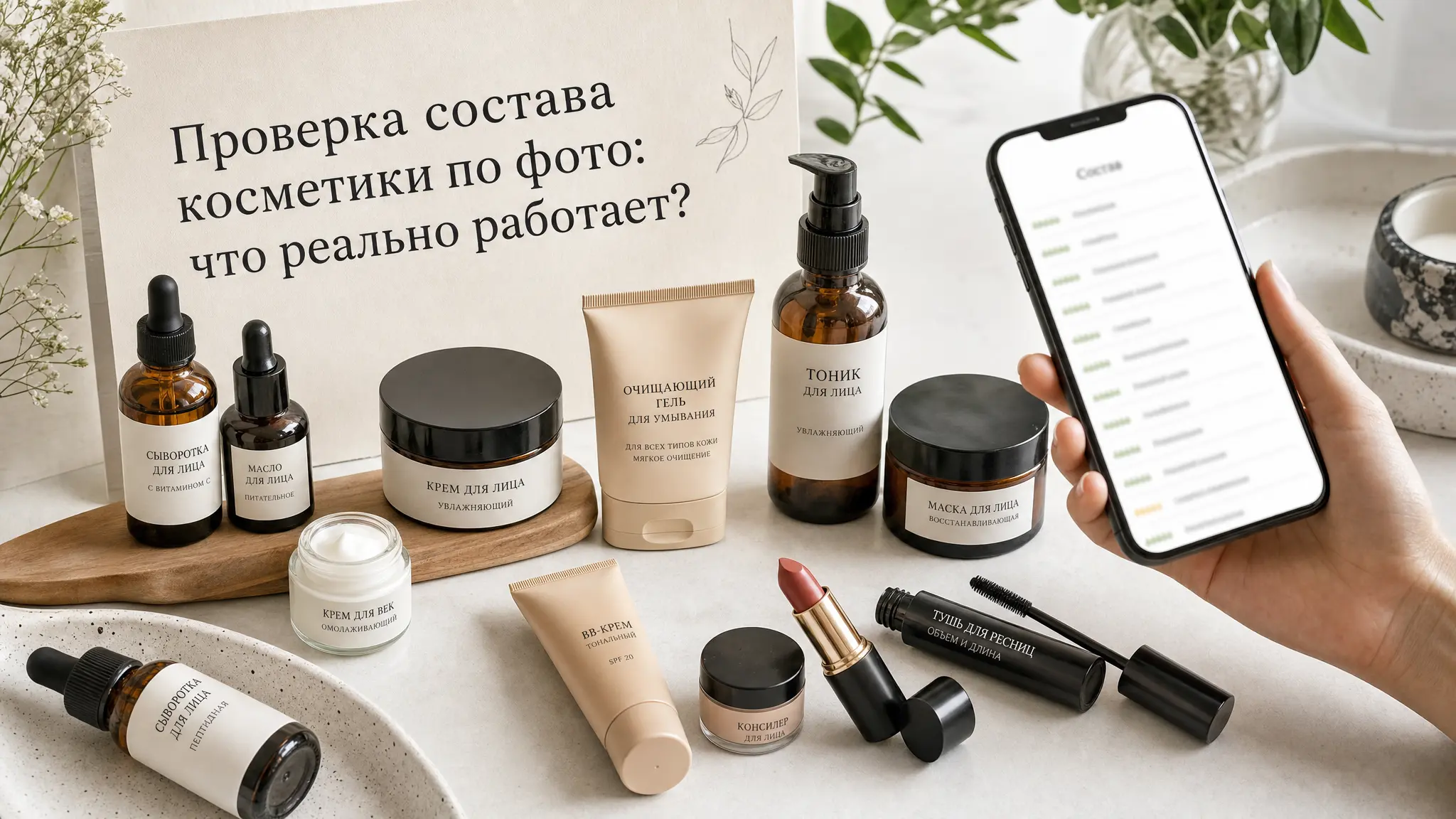 Женщина держит смартфон с открытым приложением для анализа состава косметики, наводя его на баночку крема