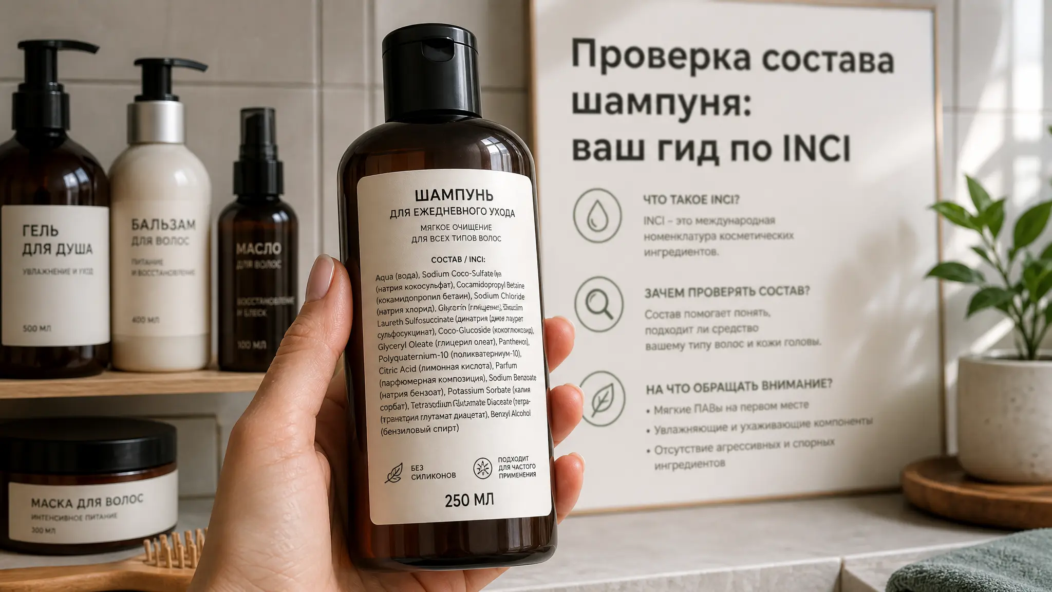 Женщина внимательно изучает этикетку шампуня, сравнивая ее с информацией на смартфоне, чтобы проверить состав по системе INCI перед покупкой