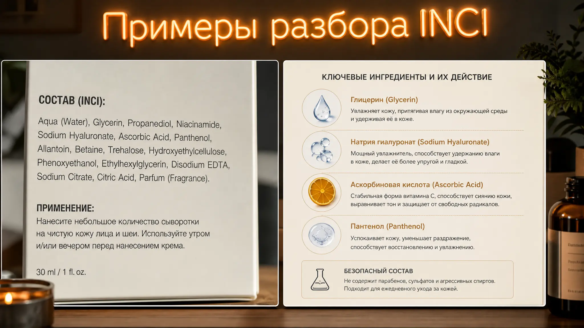 Пример разбора состава косметики по фото, показывающий, как можно проверить ингредиенты продукта