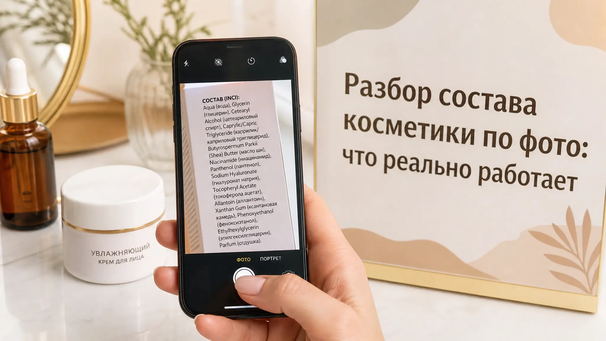 Женщина держит смартфон с открытым приложением для анализа состава косметики, на экране виден список ингредиентов продукта
