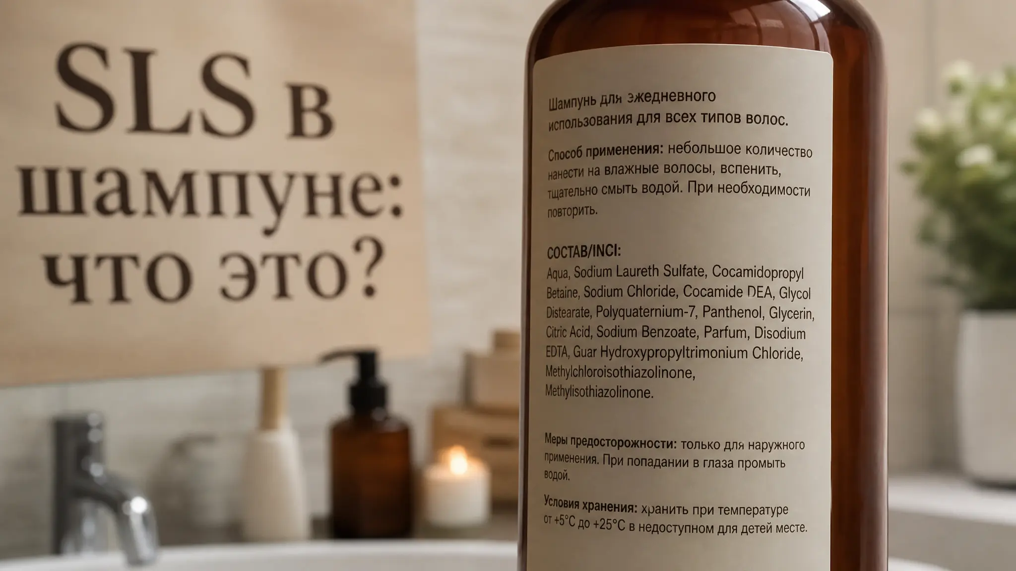 Крупный план флакона шампуня с пеной, демонстрирующий текстуру средства. Фокус на составе продукта