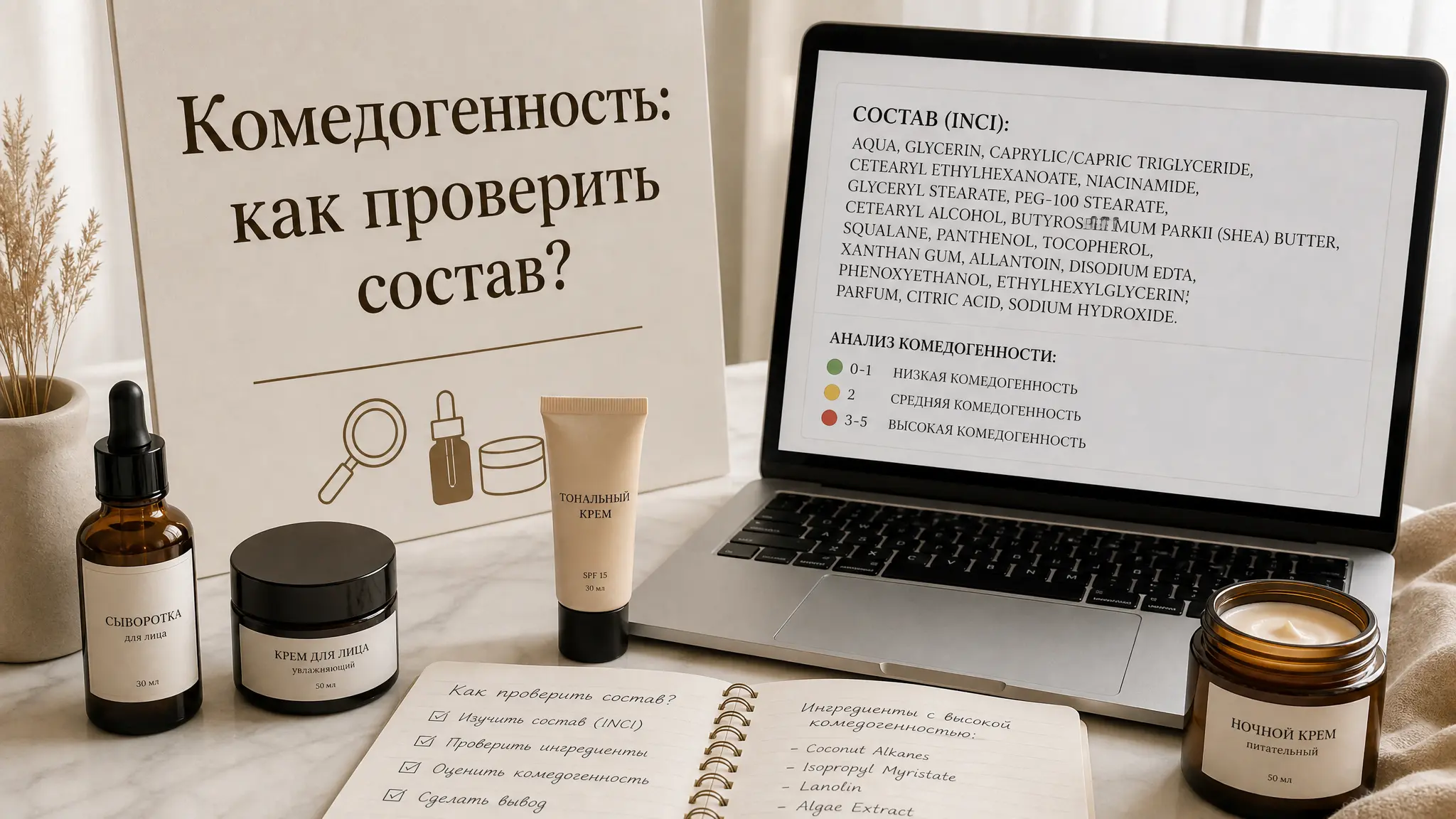Женщина внимательно изучает этикетку косметического средства, проверяя состав на предмет комедогенности для здоровья своей кожи