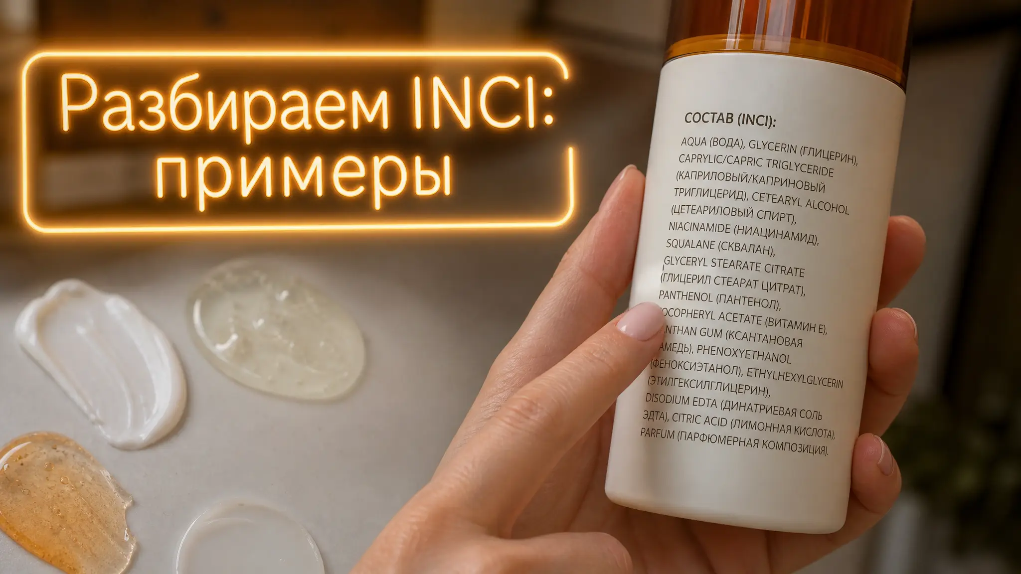Пример расшифровки состава уходовой косметики по системе INCI, показывающий основные компоненты и их назначение для кожи