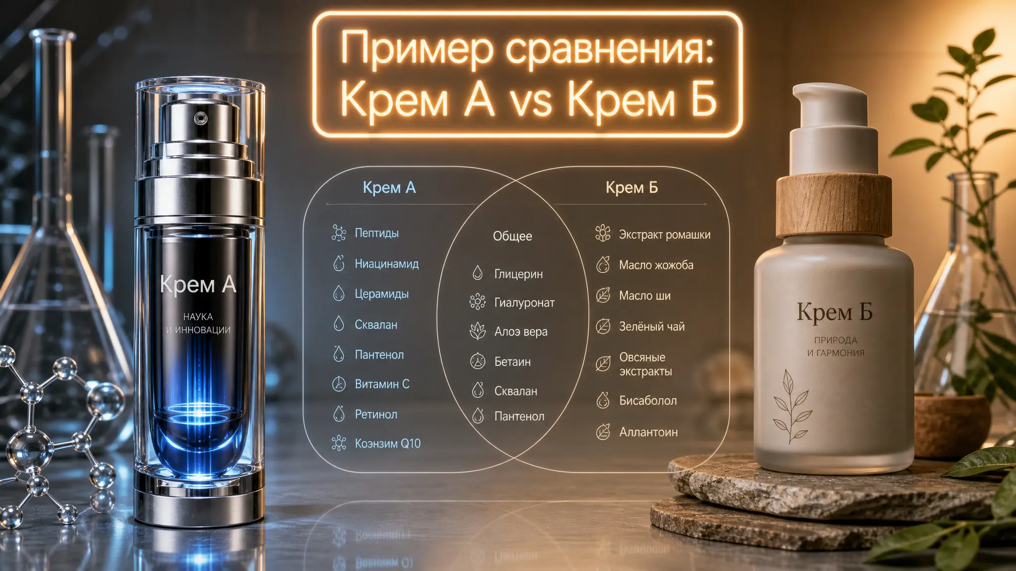 Сравнение составов косметических средств онлайн для экспертов, демонстрирующее разницу между продуктами