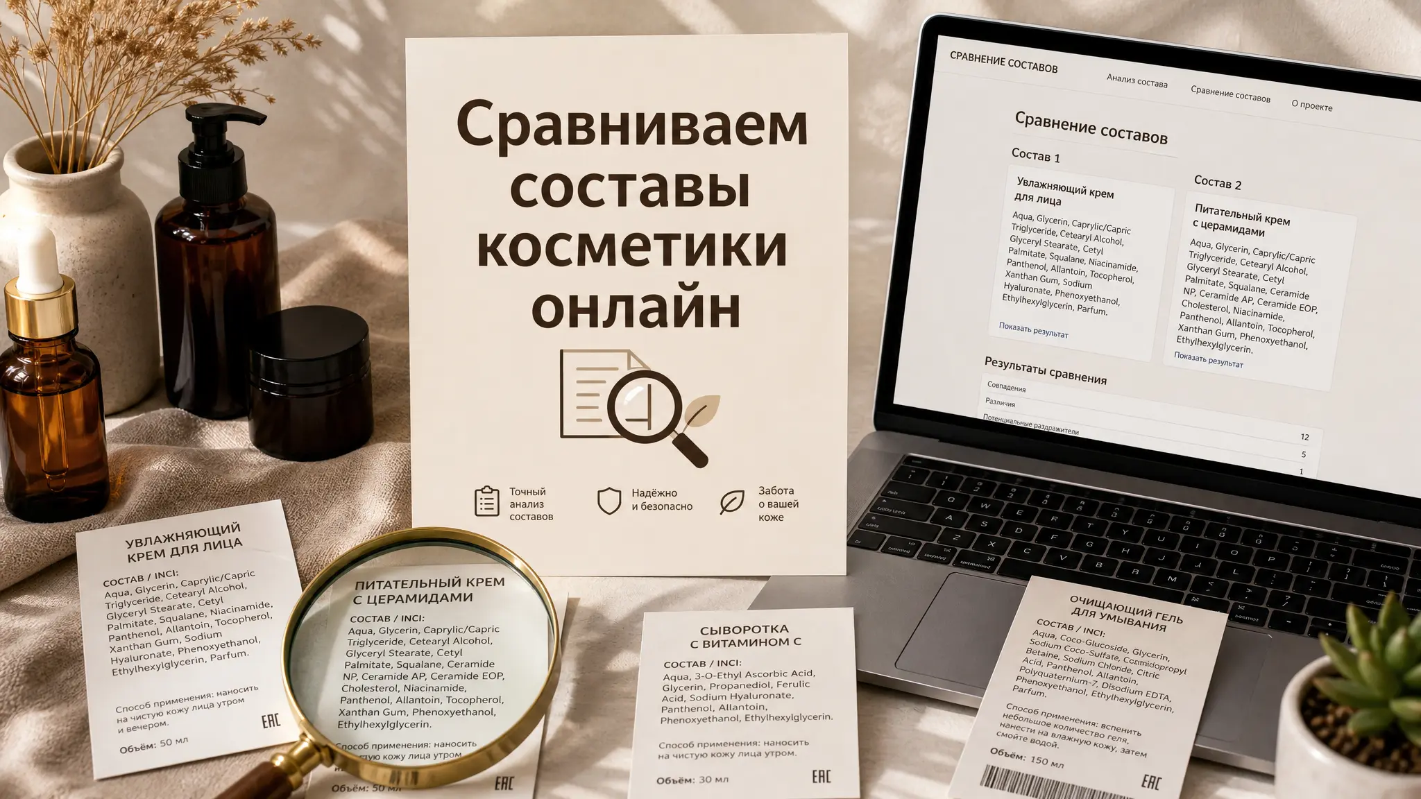 Женщина внимательно изучает этикетку косметического средства, сравнивая информацию на смартфоне, чтобы понять состав продукта
