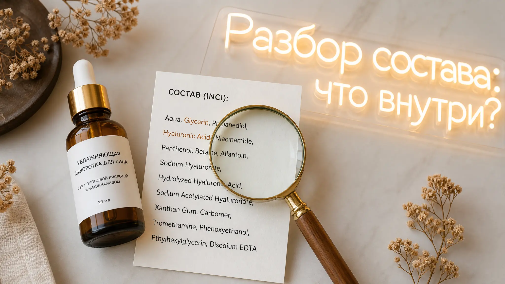 Разбор состава косметических средств с гиалуроновой кислотой для увлажнения и молодости кожи