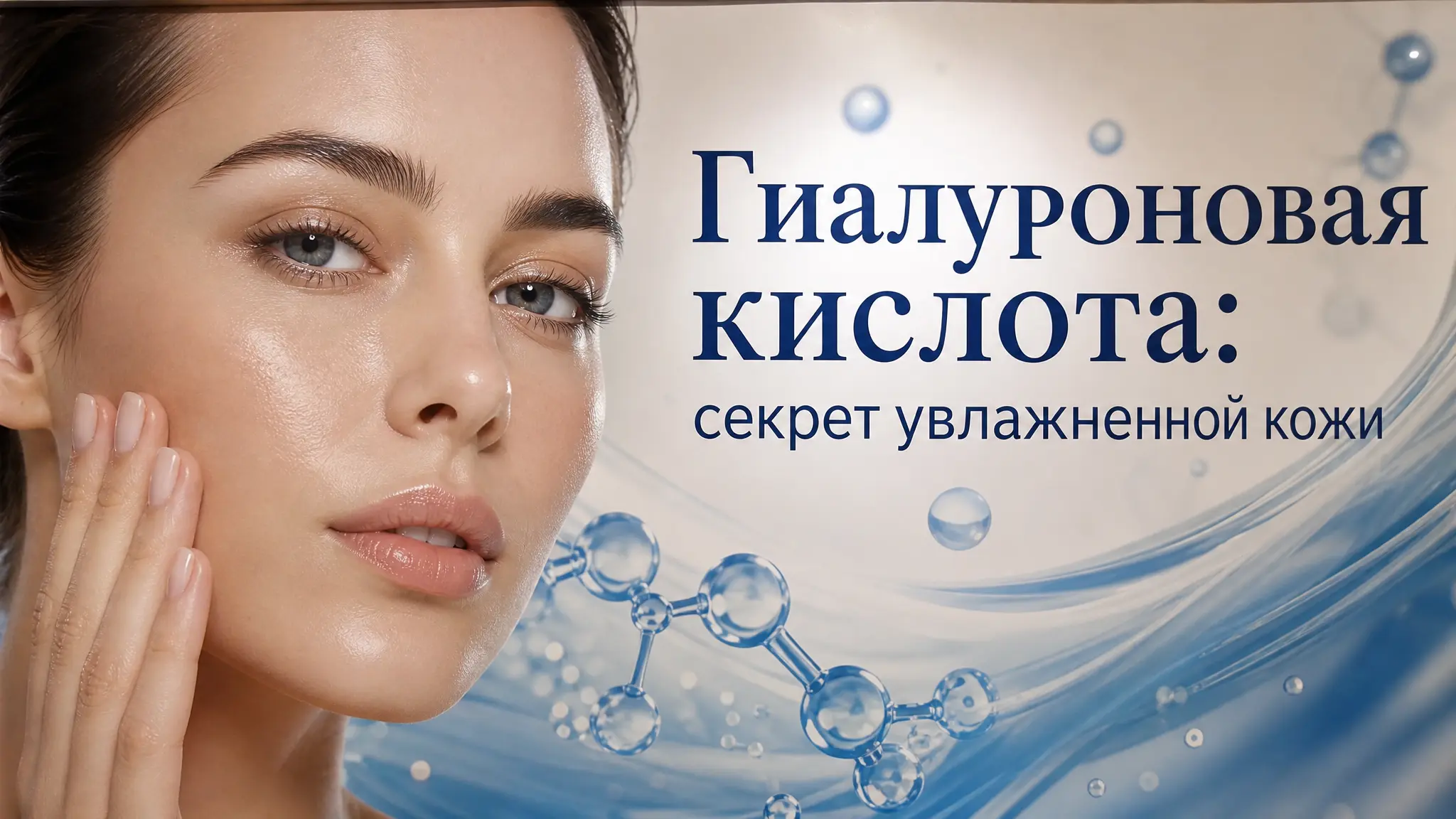 Женщина с сияющей кожей, демонстрирующая эффект увлажнения от гиалуроновой кислоты в косметике