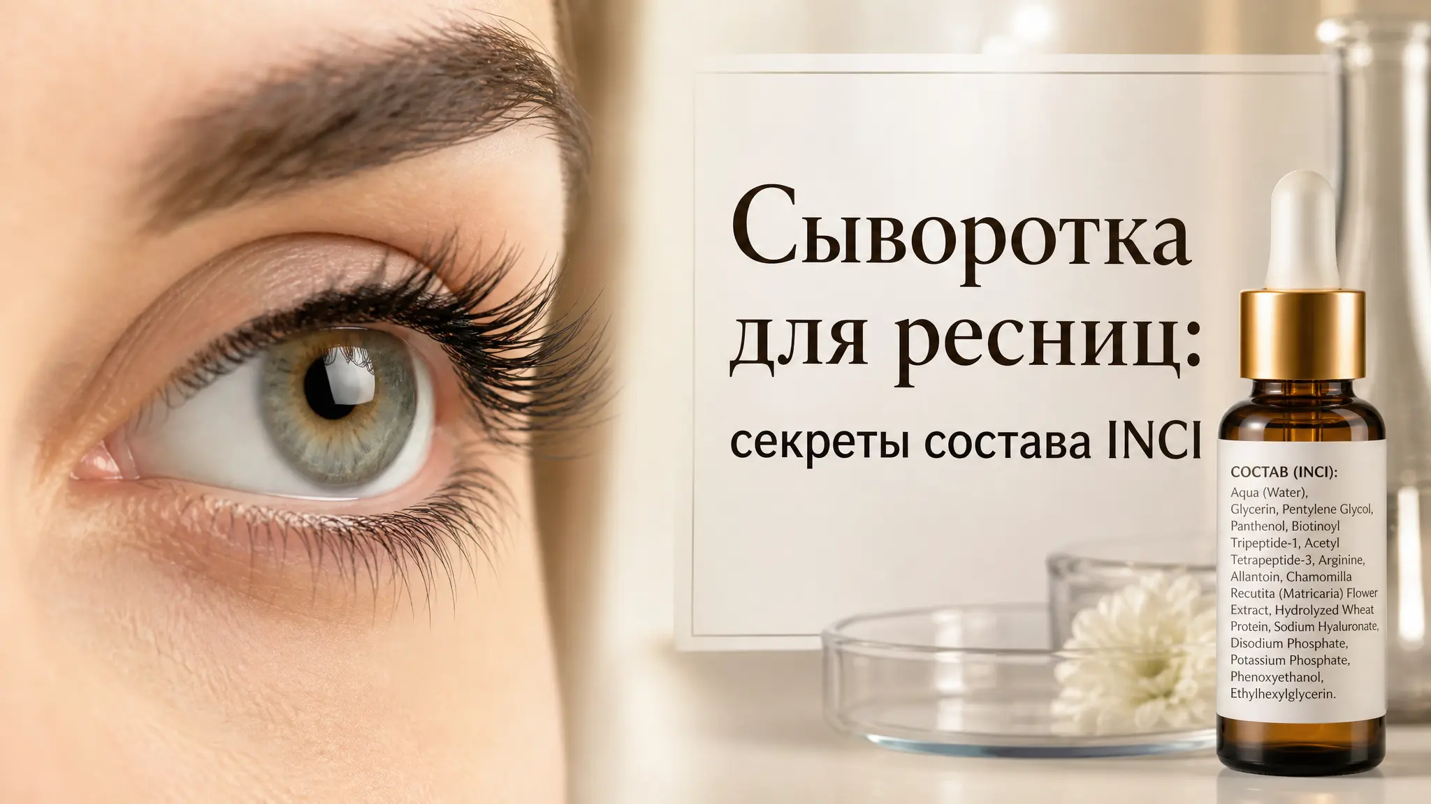 Крупный план флакона с сывороткой для ресниц, демонстрирующий аппликатор и текстуру средства. Фокус на деталях состава