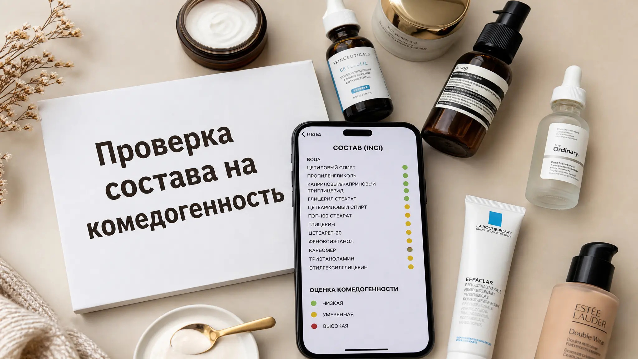 Женщина внимательно изучает этикетку косметического средства, проверяя состав на наличие комедогенных компонентов для осознанного выбора