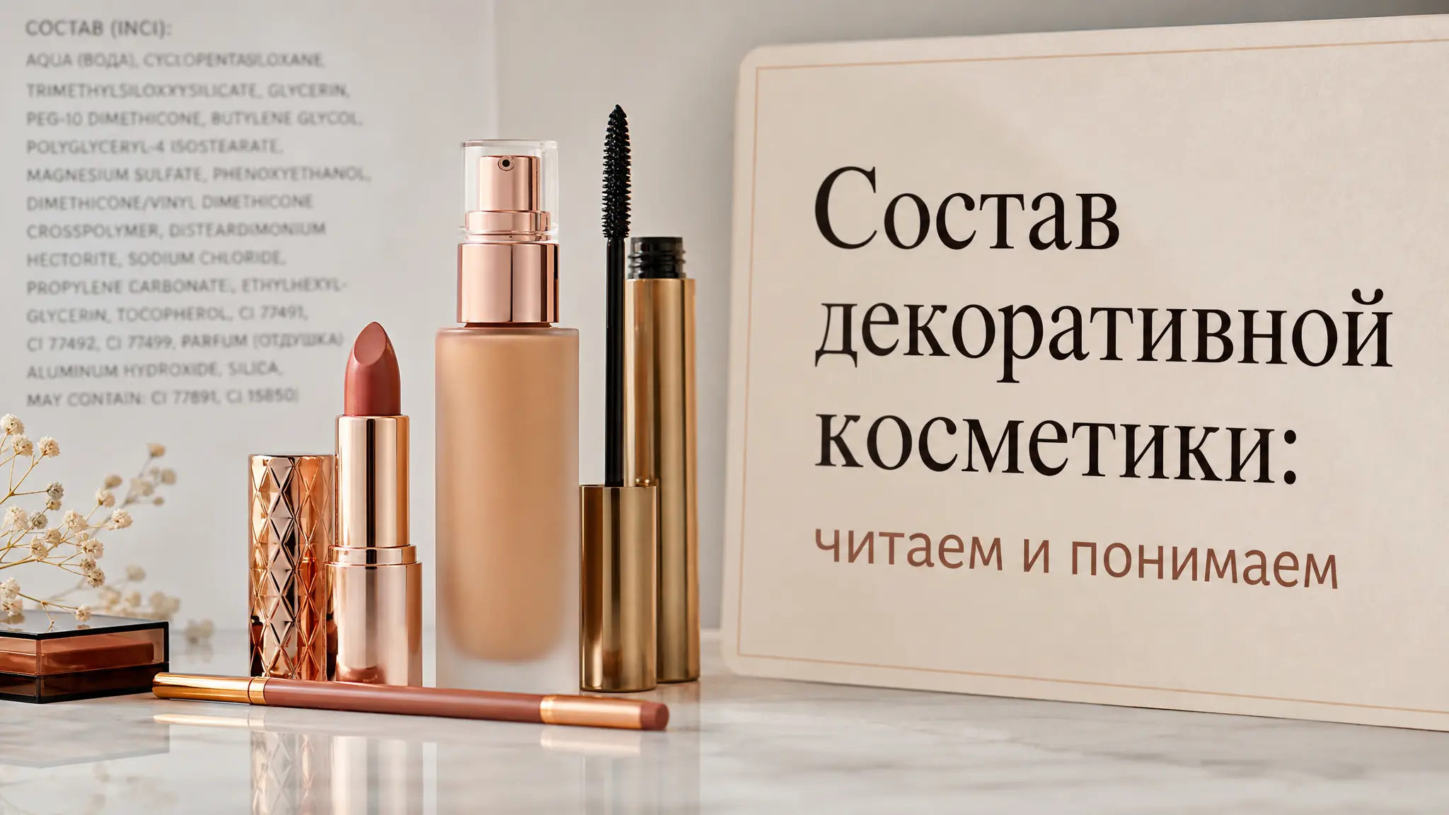 Женщина внимательно изучает этикетку с составом декоративной косметики, выбирая подходящее средство для макияжа