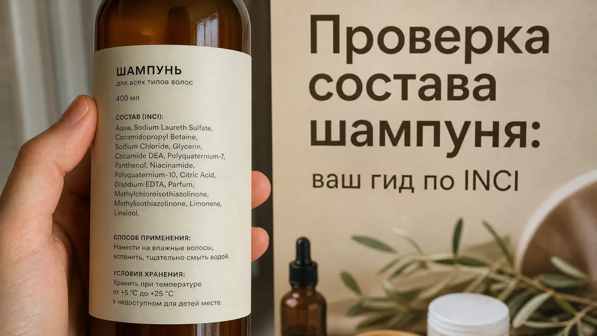 Женщина внимательно изучает этикетку шампуня, сравнивая состав с информацией на смартфоне, чтобы проверить безопасность продукта