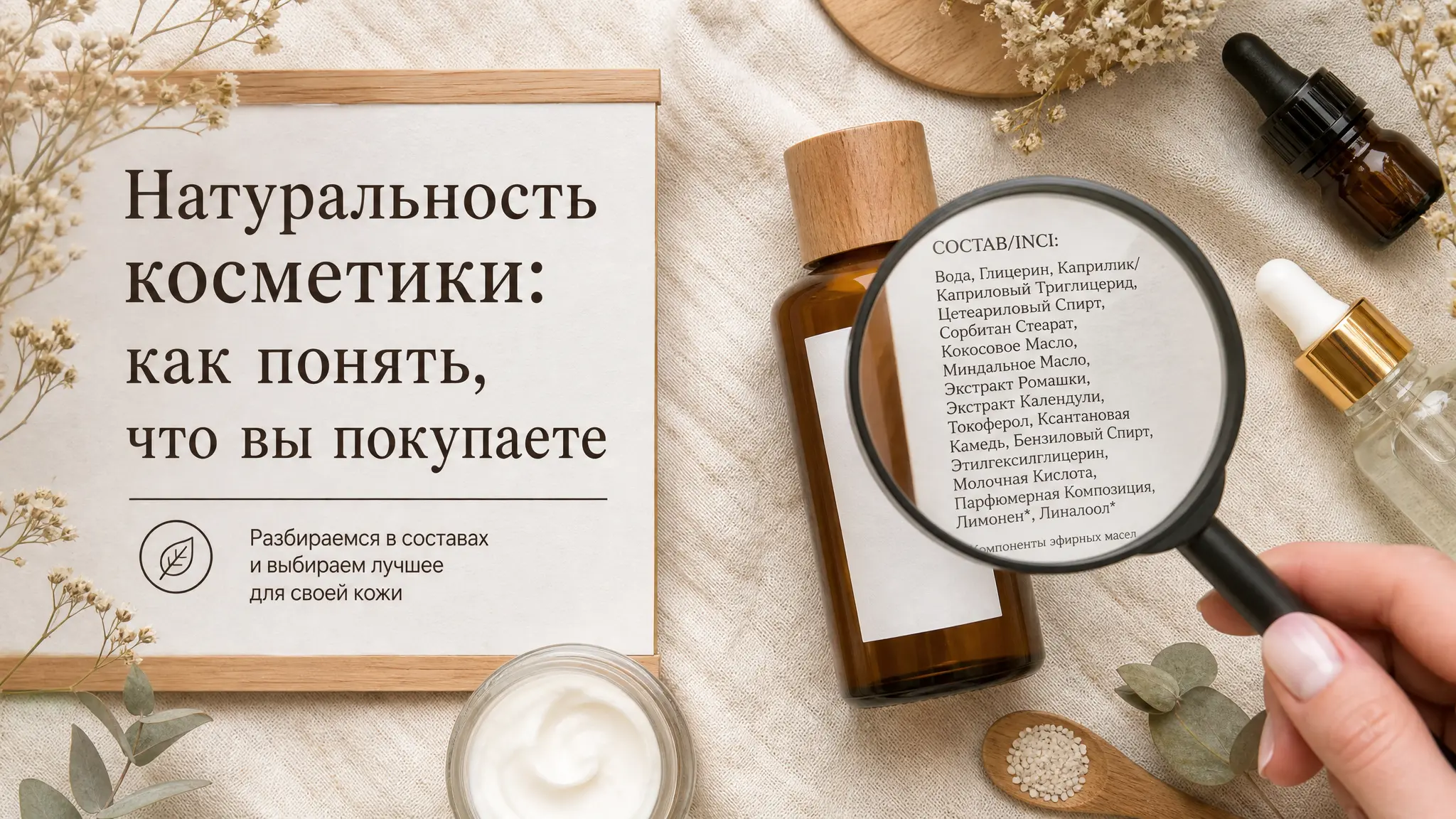 Женщина внимательно изучает этикетку косметического средства, проверяя состав на натуральность