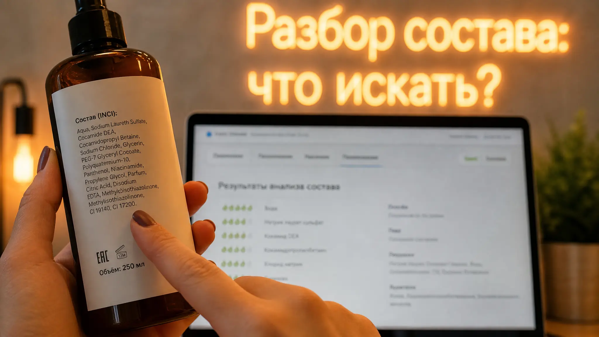 Женщина внимательно изучает этикетку косметического средства, держа его в руках. На экране телефона виден интерфейс приложения для проверки состава