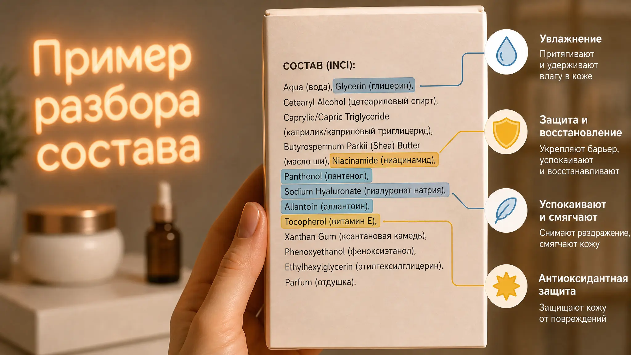 Пример разбора состава косметики по фото, показывающий, как анализировать ингредиенты для понимания свойств продукта