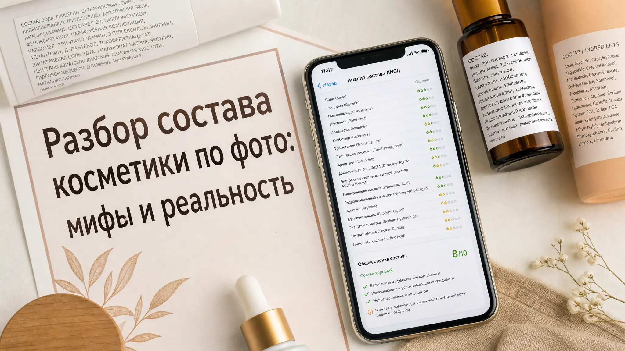 Женщина держит смартфон с открытым приложением для анализа состава косметики, на фоне полки с различными косметическими продуктами