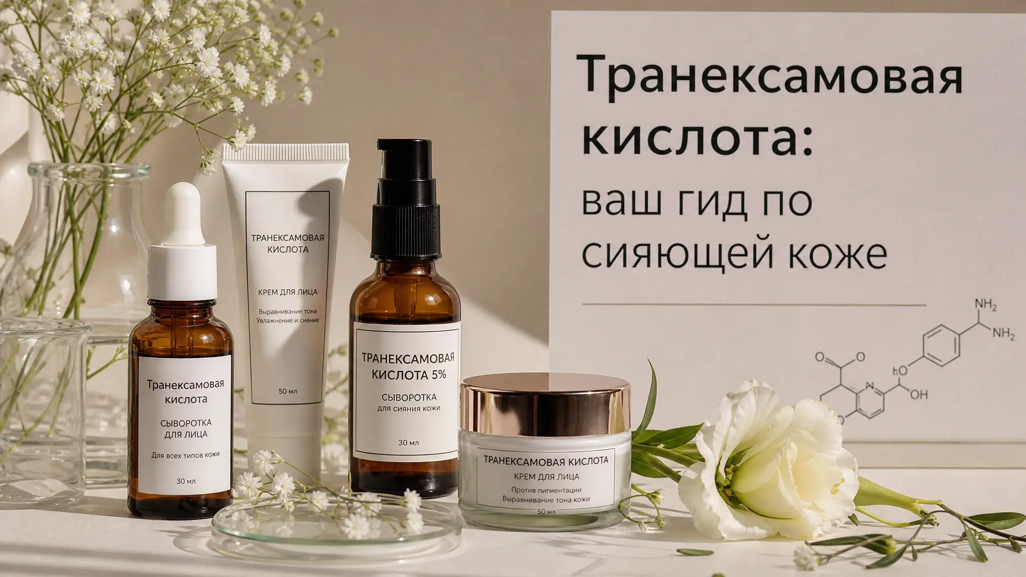 Женщина с сияющей кожей, демонстрирующая эффект от использования транексамовой кислоты в косметике